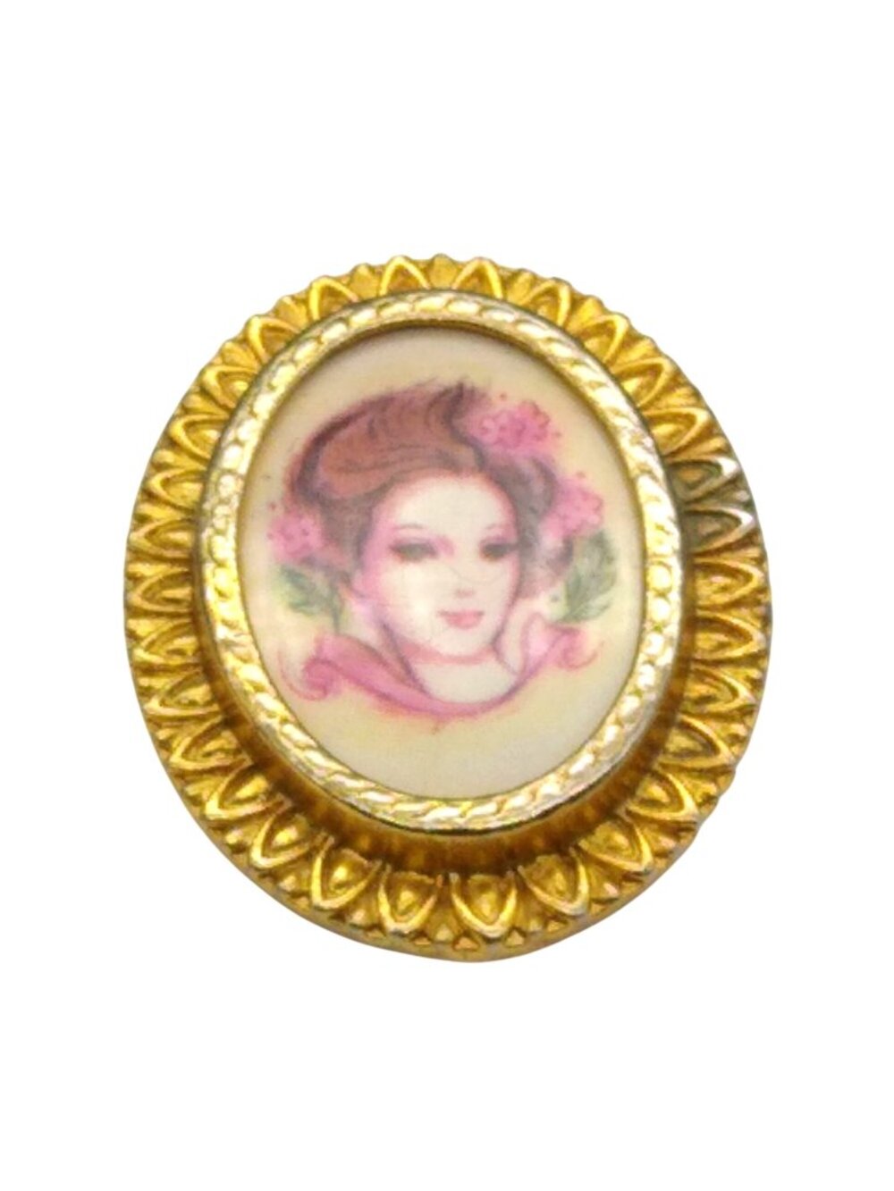 Vintage Elegant Mod Lady Brooch, Lapel Pin with Gold Tone Frame and Pink Flowers